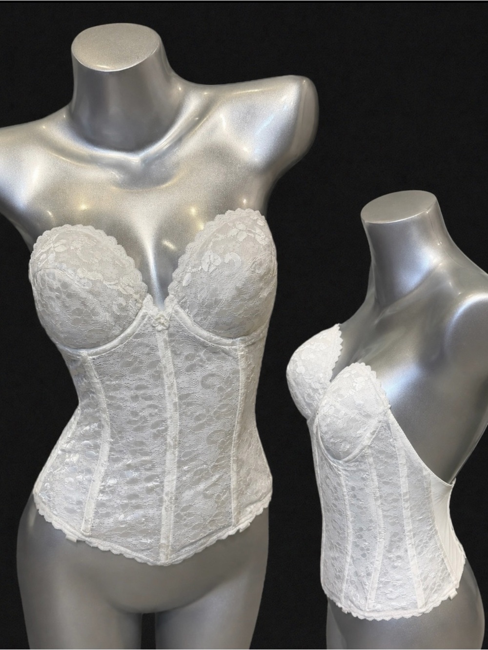 VINTAGE 80s lace corset bustier bra shapewear longline strapless backless 32D